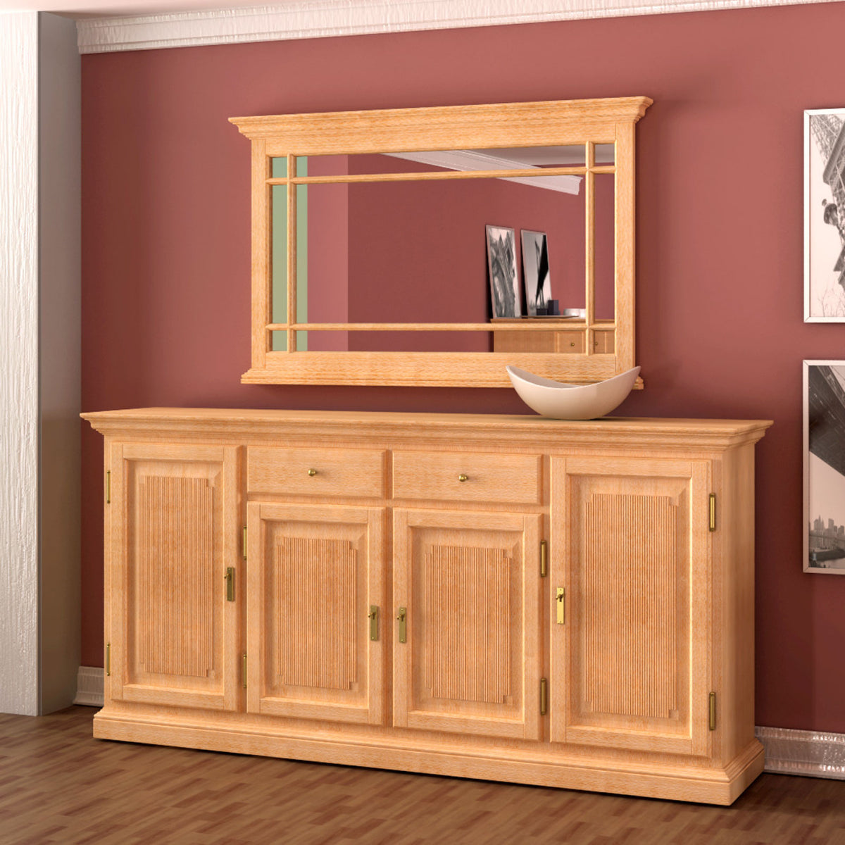Sideboard Set Duett mit Wand-Spiegel 212 x 213 cm Pinie massiv Pinie karamell