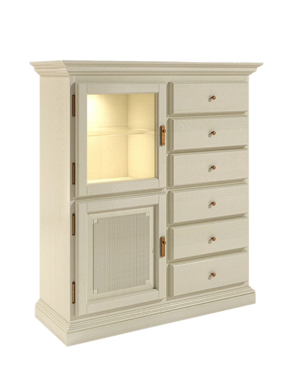 Vertiko Sideboard Duett B 102 H 121 cm 1 Holztür 1 Glastür 6 Holzschubladen Pinie massiv Pinie lipizano