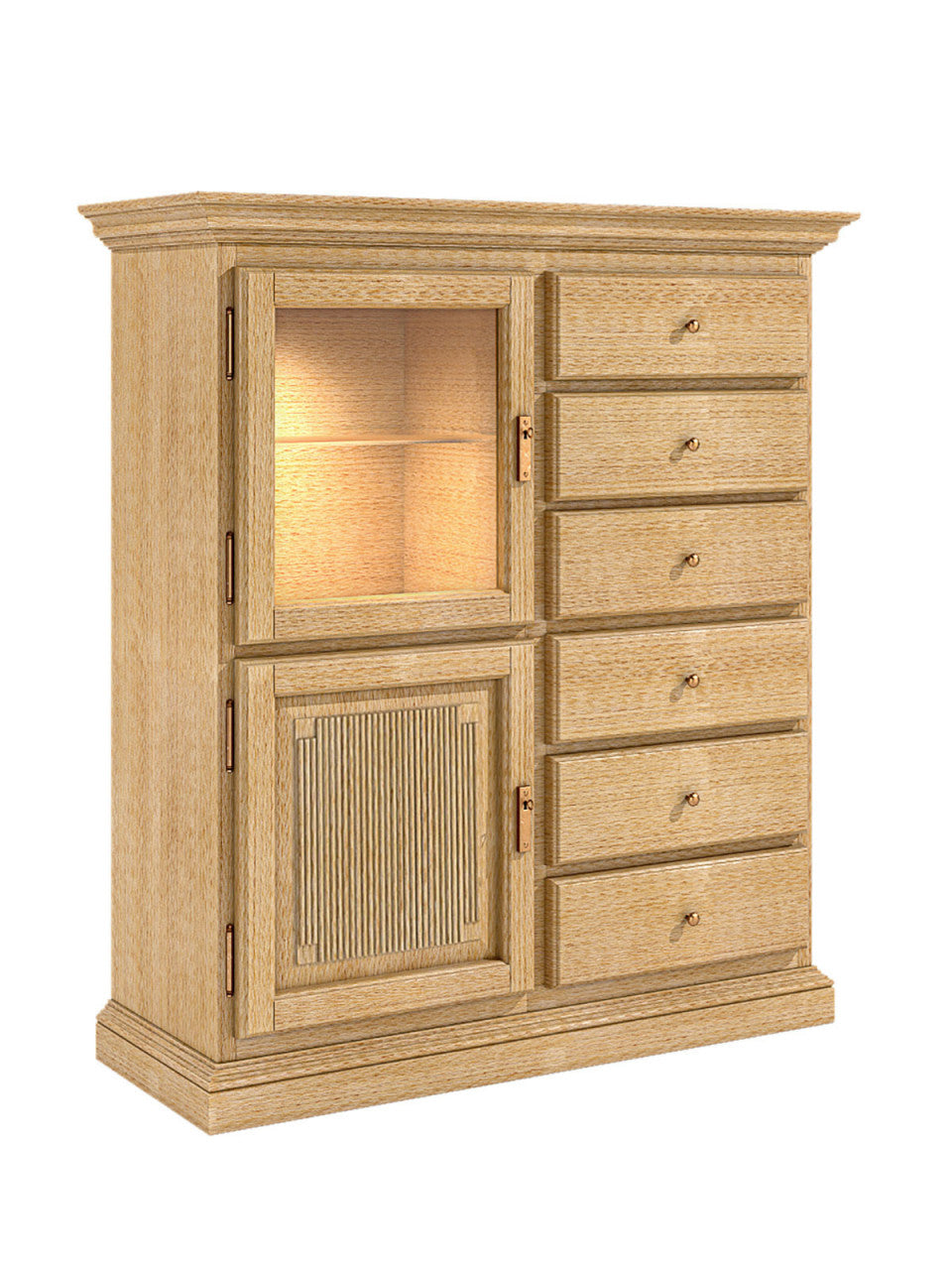 Vertiko Sideboard Duett B 102 H 121 cm 1 Holztür 1 Glastür 6 Holzschubladen Pinie massiv Pinie karamell