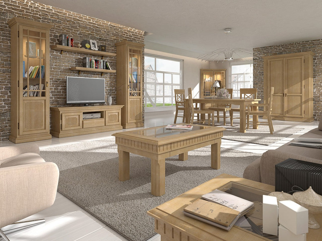 Wohnzimmer Schränke Set Wohnwand Duett 2 Vitrinen TV Lowboard 2 Wandbords Duett Pinie massiv Pinie karamell