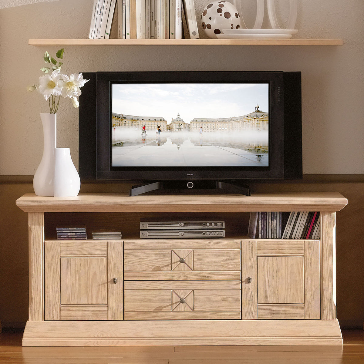 Wohnzimmer Schrank Set Wohnwand Vienna 4-teilig B 320 x H 156 cm Pinie massiv Pinie natur gebürstet