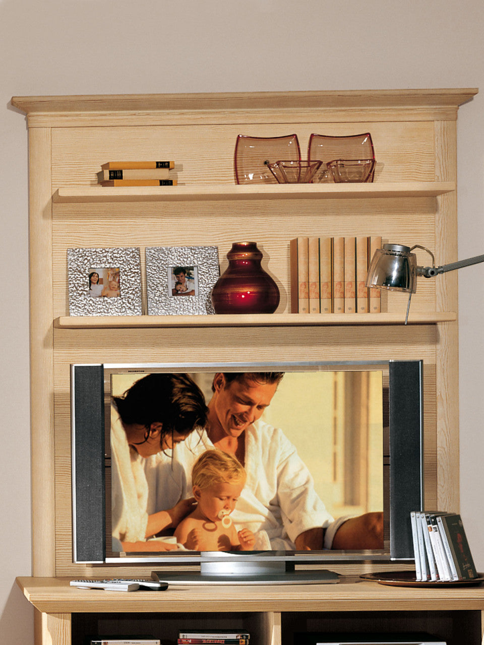 Wohnwand Wohnzimmer Schrank Set Vienna 4-teilig B 375 x H 210 cm, Pinie massiv Pinie natur gebürstet
