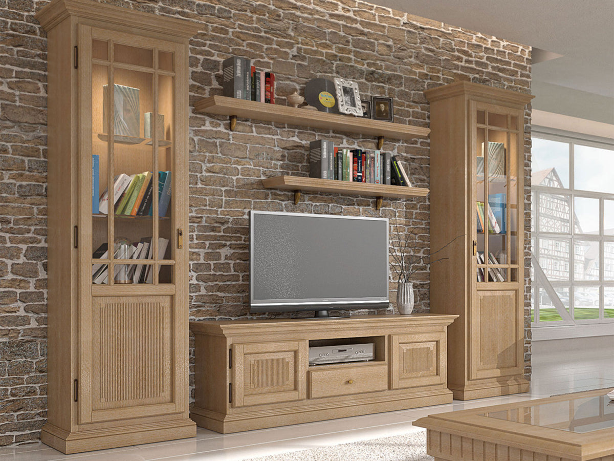 Wohnzimmer Schränke Set Wohnwand Duett 2 Vitrinen TV Lowboard 2 Wandbords Duett Pinie massiv Pinie karamell