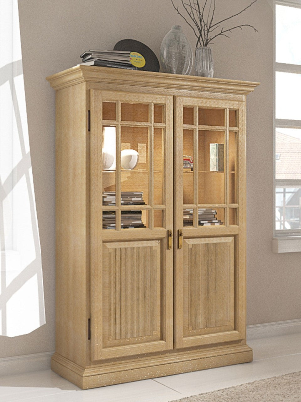 Vitrine Highboard Büfett 2-türig Duett B 112 H 160 cm Pinie massiv Pinie karamell