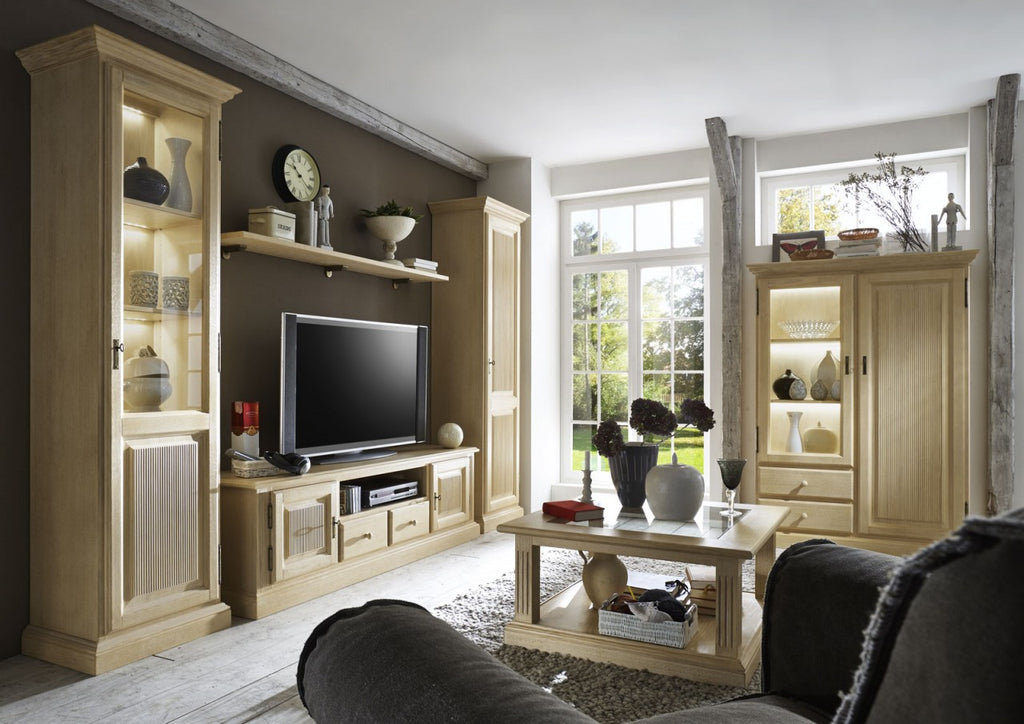Wohnwand Wohnzimmer-Schränke-Set Casapino 4-teilig 2 Vitrinen TV-Schrank 1 Wandbord Pinie massiv