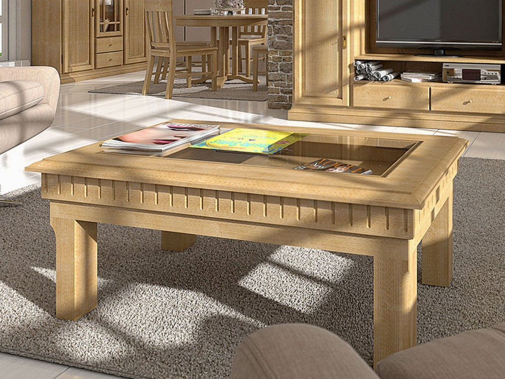 Couchtisch rechteckig 120x70 cm Duett mit Glasplatte und Schubkasten Pinie massiv Pinie karamell