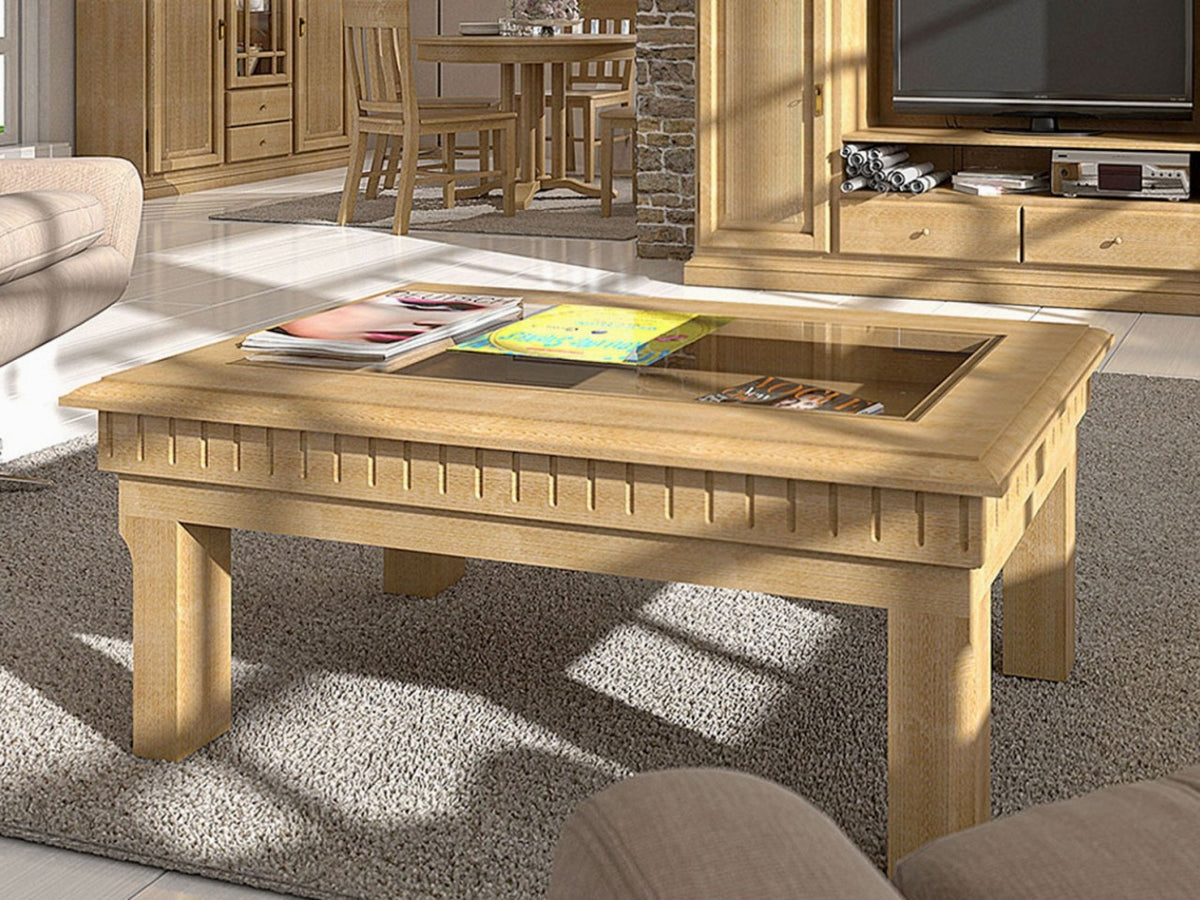Couchtisch rechteckig 120x70 cm Duett mit Glasplatte und Schubkasten Pinie massiv Pinie karamell