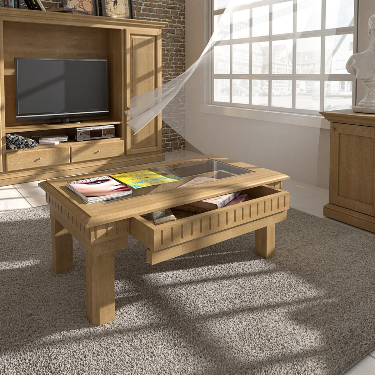 Couchtisch rechteckig 120x70 cm Duett mit Glasplatte und Schubkasten Pinie massiv Pinie karamell