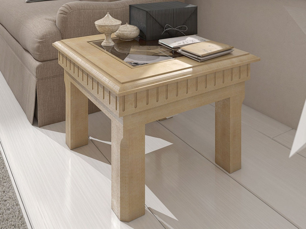 Couchtisch Beistelltisch quadratisch 70x70 cm mit Glasplatte und Schubkasten Pinie massiv Pinie karamell