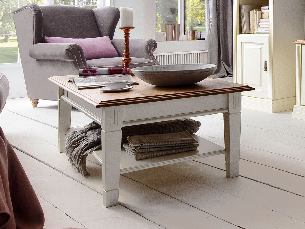 Couchtisch Beistelltisch Wohnzimmer-Tisch Novara 75x75cm weiß massiv mit Ablage