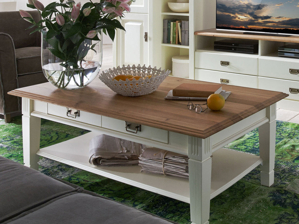 Couchtisch Wohnzimmer-Tisch Novara 130x75 cm mit Schublade weiß massiv mit Ablage