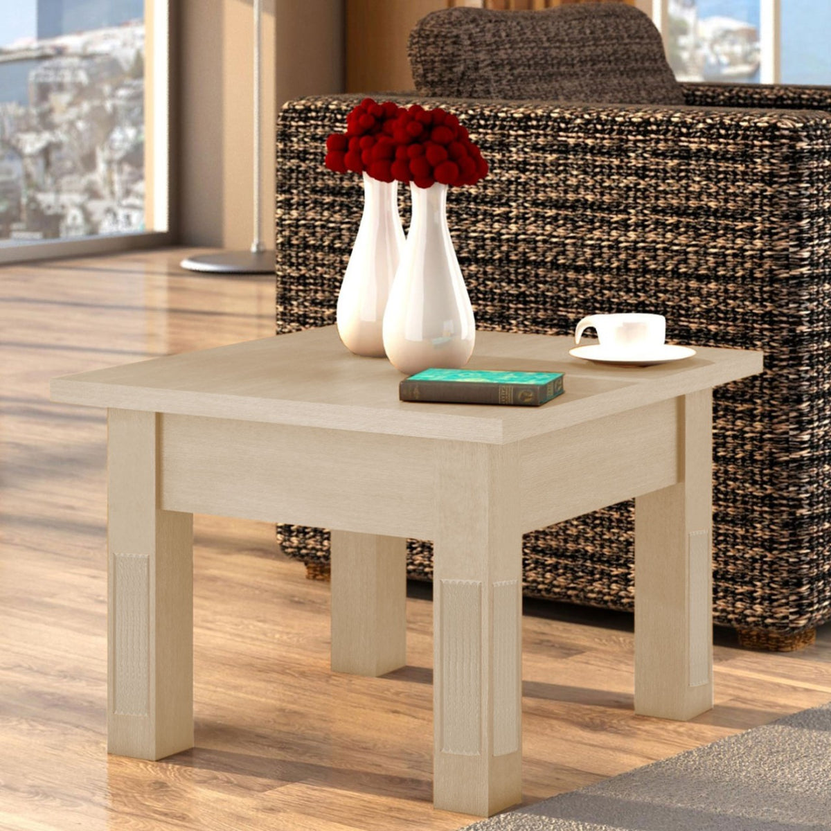 Couchtisch quadratisch 70x70 cm Beistelltisch Duett mit Schublade und fester Platte Pinie massiv Pinie karamell