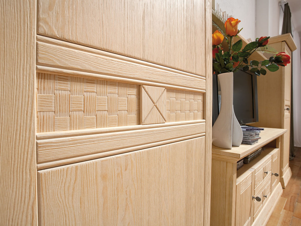 Wohnwand Wohnzimmer Schrank Set Vienna 4-teilig B 375 x H 210 cm, Pinie massiv Pinie natur gebürstet