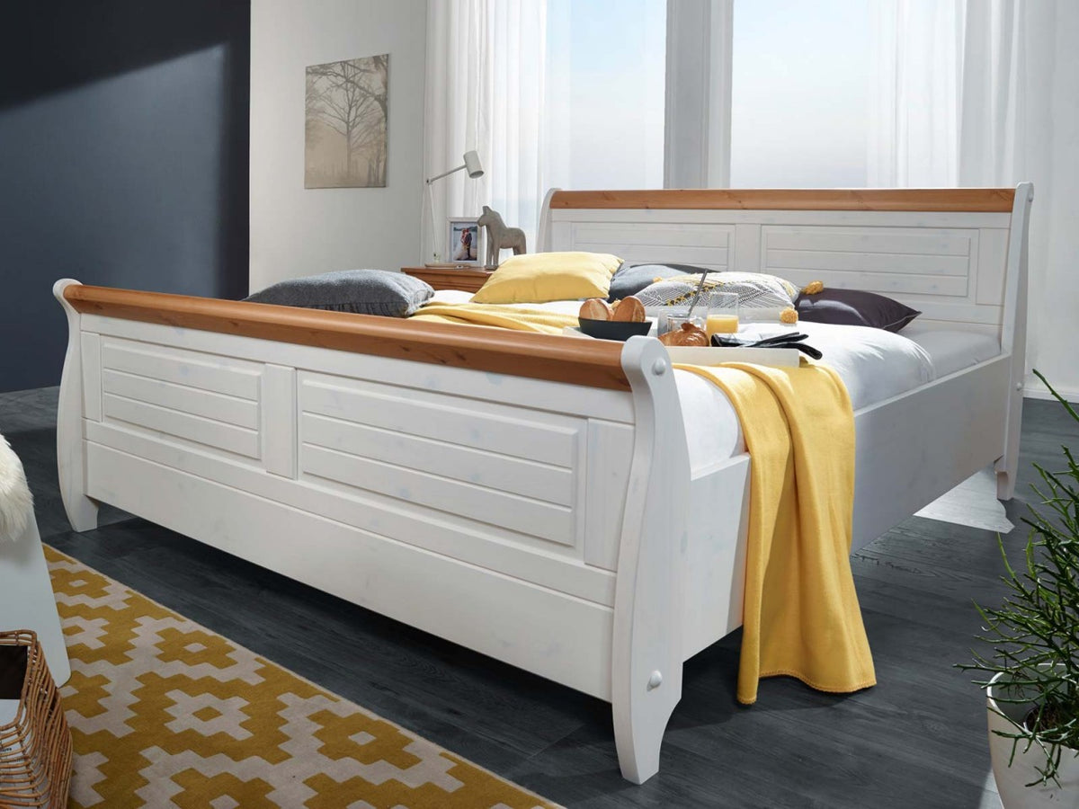 Bett Doppelbett Ehebett Napoli 100/140/180 x 200 cm Pinie Nordica weiss gewachst Absetzung honig