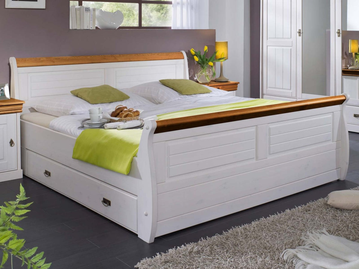 Bett Doppelbett Ehebett Napoli 100/140/180 x 200 cm Pinie Nordica weiss gewachst Absetzung honig