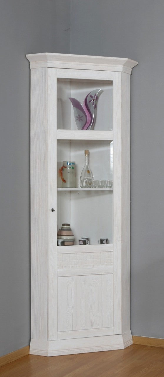 Eckvitrine Standvitrine Vienna B 58,5 x 58,5 H 210 cm, Pinie massiv Pinie weiß gebürstet