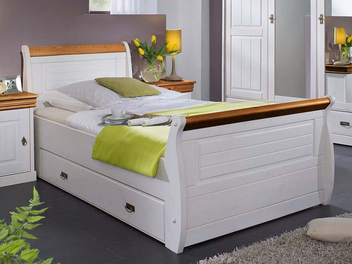 Bett Doppelbett Ehebett Napoli 100/140/180 x 200 cm Pinie Nordica weiss gewachst Absetzung honig