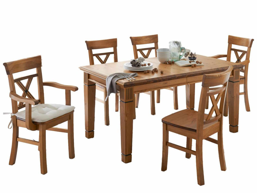 Sitzgruppe Florenz 1 Esstisch 140 cm 4 Stühle ohne und 2 Stühle mit Armlehne Pinie Nordica massiv