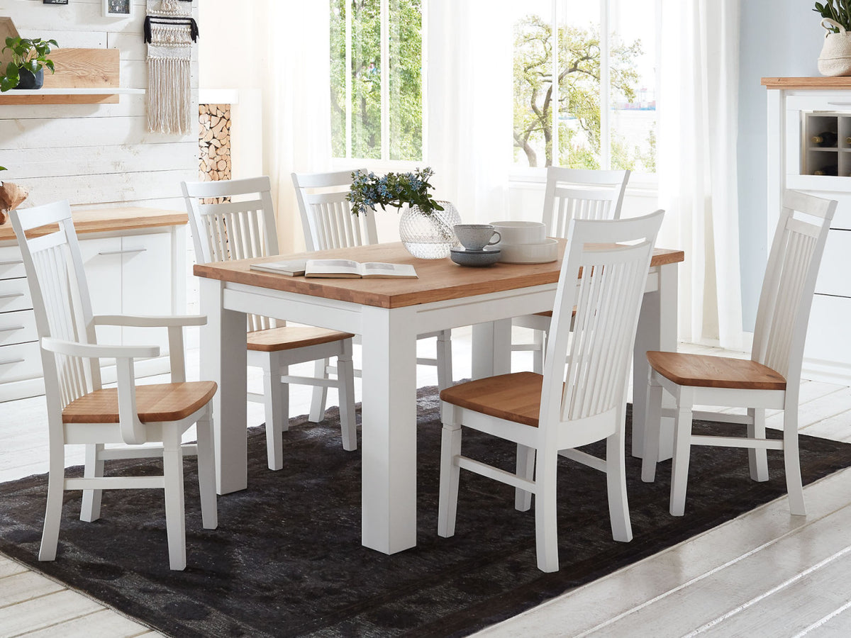 Esszimmer Sitzgruppe Novara/Olbia Esstisch 160/180 cm weiß Wildeiche massiv