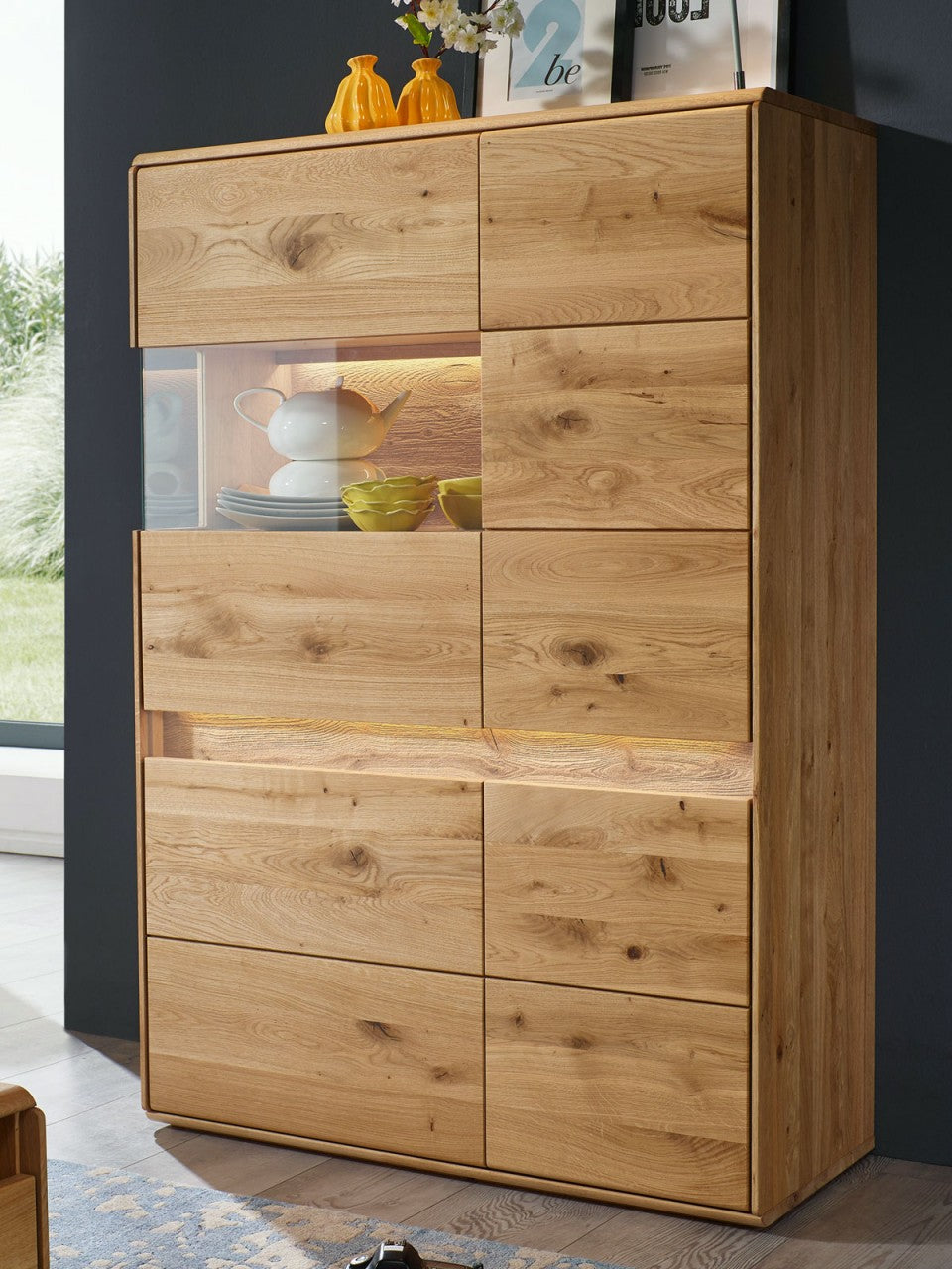 Highboard Massivholz Hochanrichte Vitrine halbhoch B 103 H 152 cm halbhoch Bergeiche Wildeiche massi Glasteil links