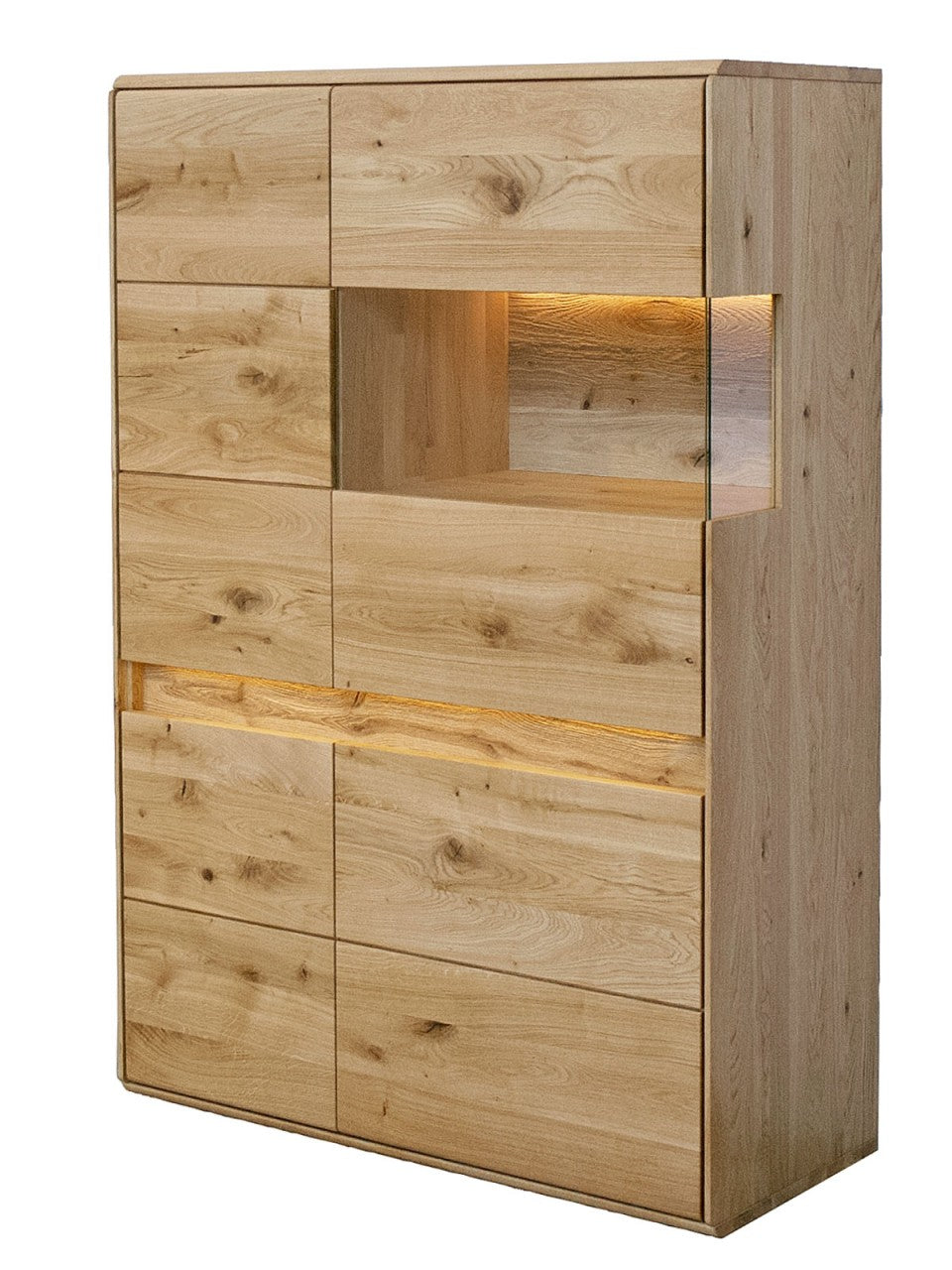 Highboard Massivholz Hochanrichte Vitrine halbhoch B 103 H 152 cm halbhoch Bergeiche Wildeiche massi Glasteil rechts