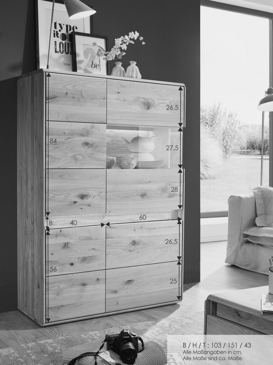 Highboard Massivholz Hochanrichte Vitrine halbhoch B 103 H 152 cm halbhoch Bergeiche Wildeiche massi Glasteil rechts