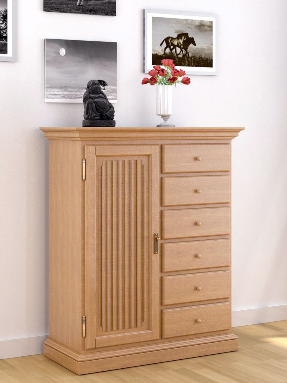 Highboard Vertiko Duett B 102 H 121 cm 1 Holztür 6 Schubladen Pinie massiv Pinie karamell