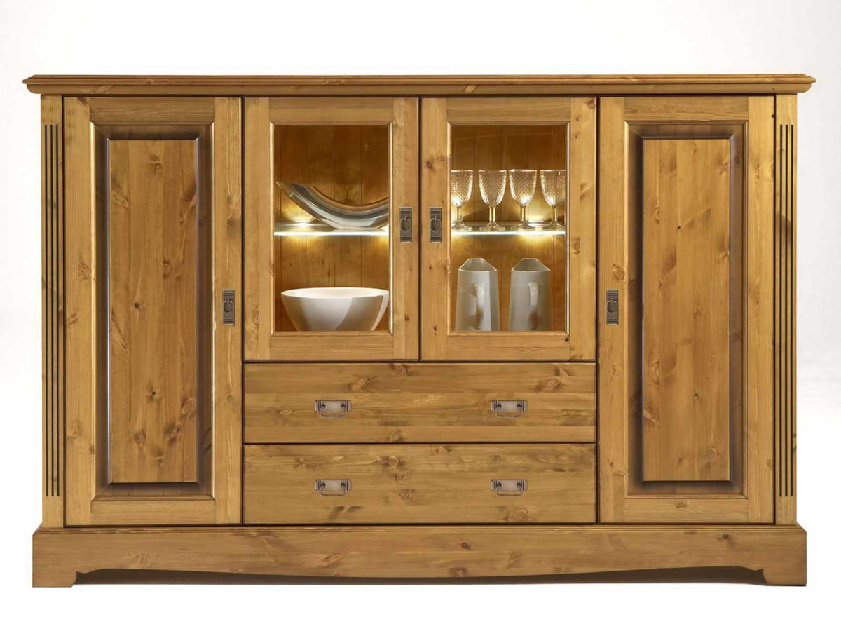 Highboard Hochanrichte Florenz 2 Schubladen 2 Holz- und 2 Glastüren Pinie Nordica massiv sierra
