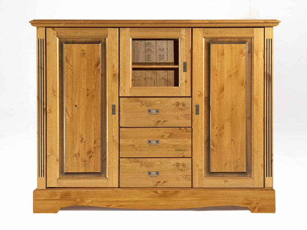 Highboard Hochanrichte Florenz 3 Schubladen 2 Holz- und 1 Glastür Pinie Nordica massiv sierra