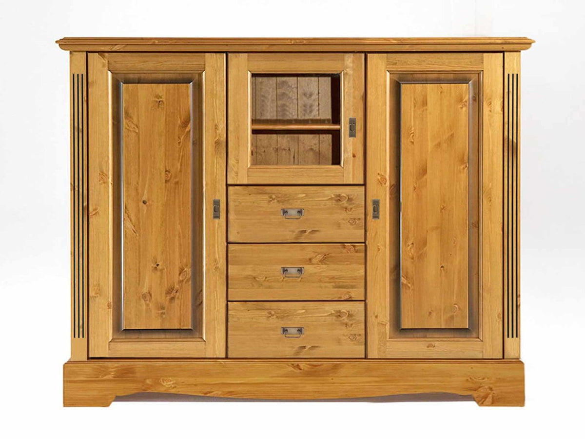 Highboard Hochanrichte Florenz 3 Schubladen 2 Holz- und 1 Glastür Pinie Nordica massiv sierra