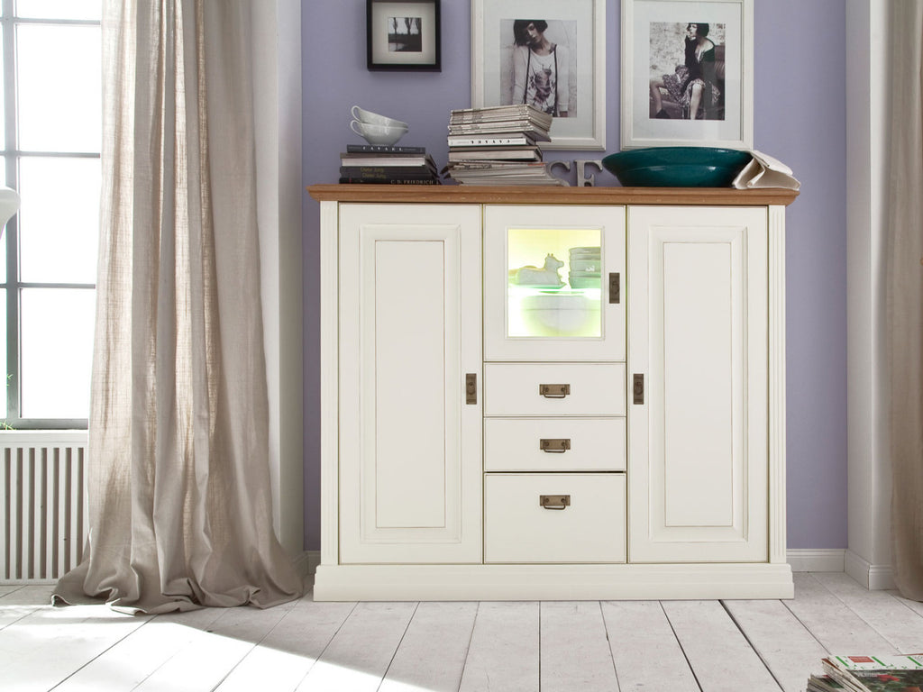 Hochanrichte Highboard Novara 3-türig mit 3 Schubladen weiß massiv