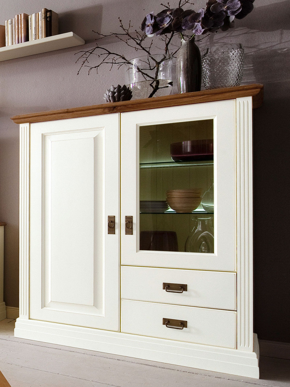 Wohnwand Set Novara Vitrine TV Schrank Highboard weiß Wildeiche massiv