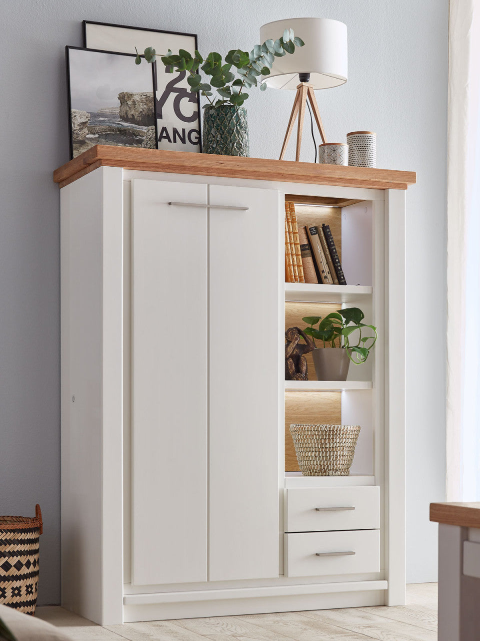 Wohnwand Olbia Highboard TV Lowboard Wandregal massiv weiß natur geölt Highboard links