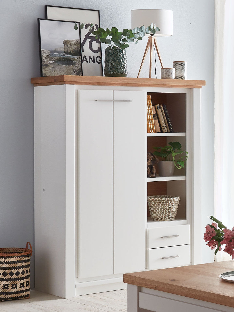 Wohnwand Olbia Highboard TV Lowboard Wandregal massiv weiß natur geölt Highboard links