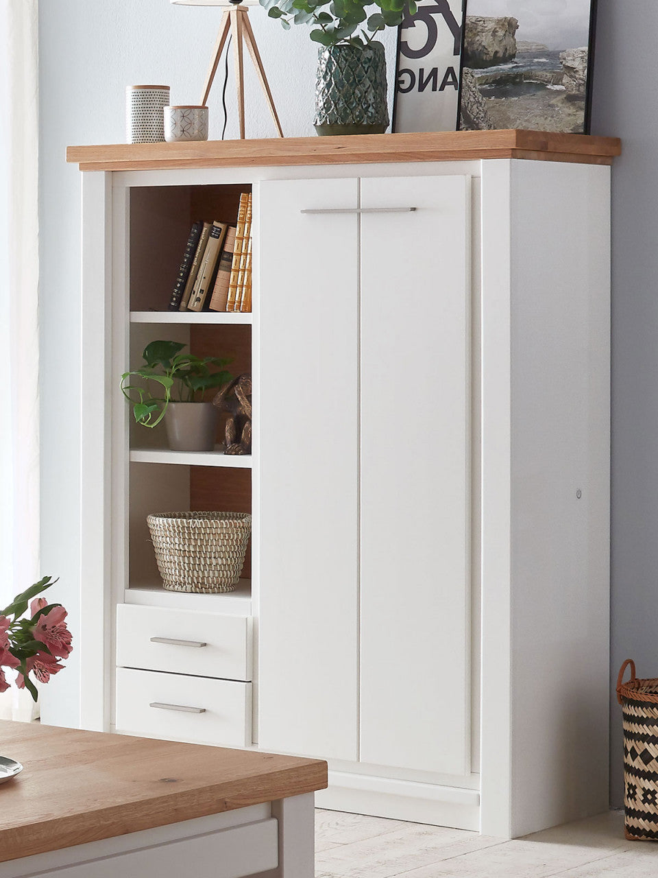 Highboard Olbia 112x145x45cm Pinie Nordica weiß Wildeiche natur massiv Tür rechts