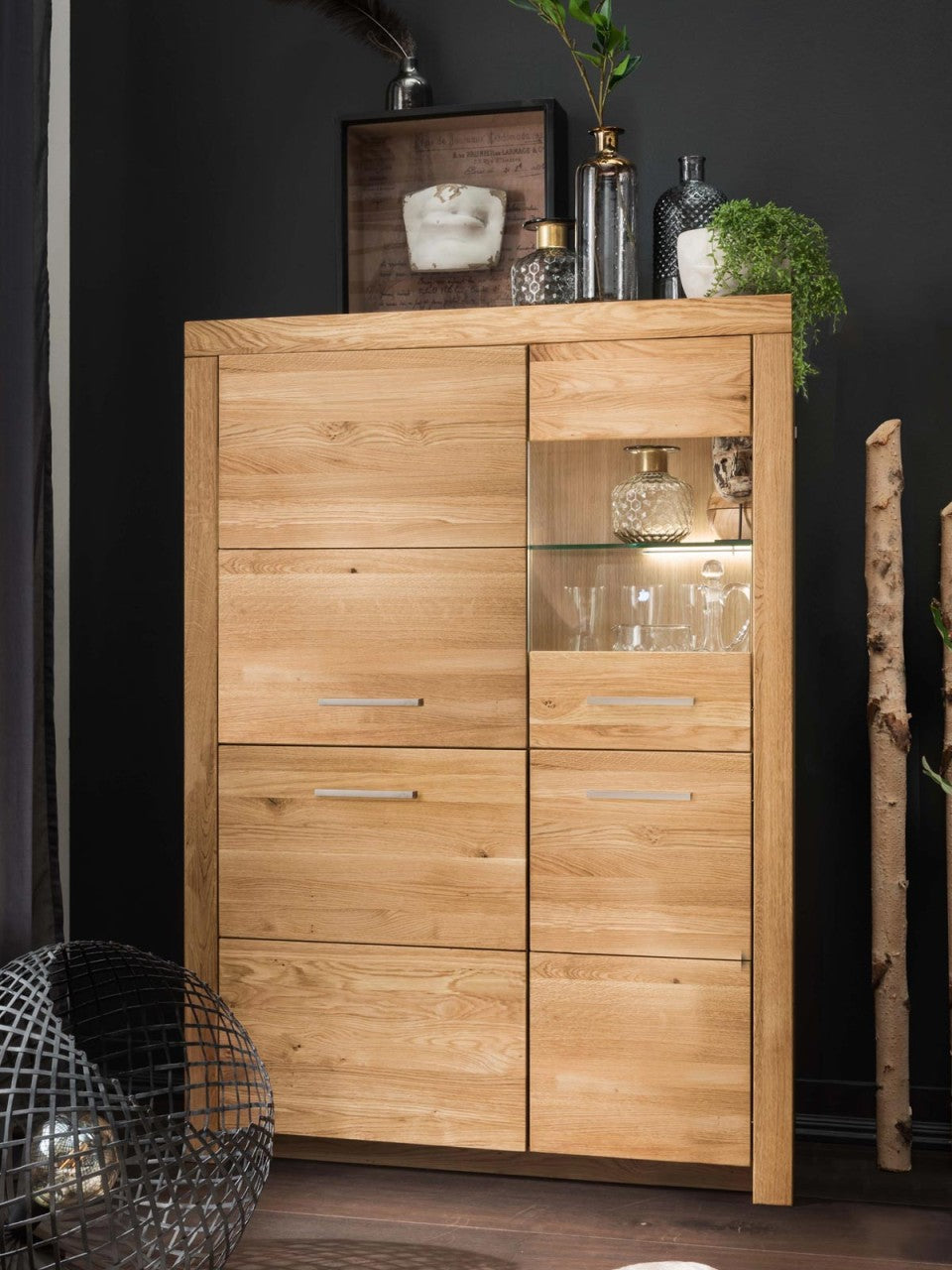 Hochanrichte Highboard Massivholz B102 H141cm Faro Wildeiche massiv Glasteil rechts