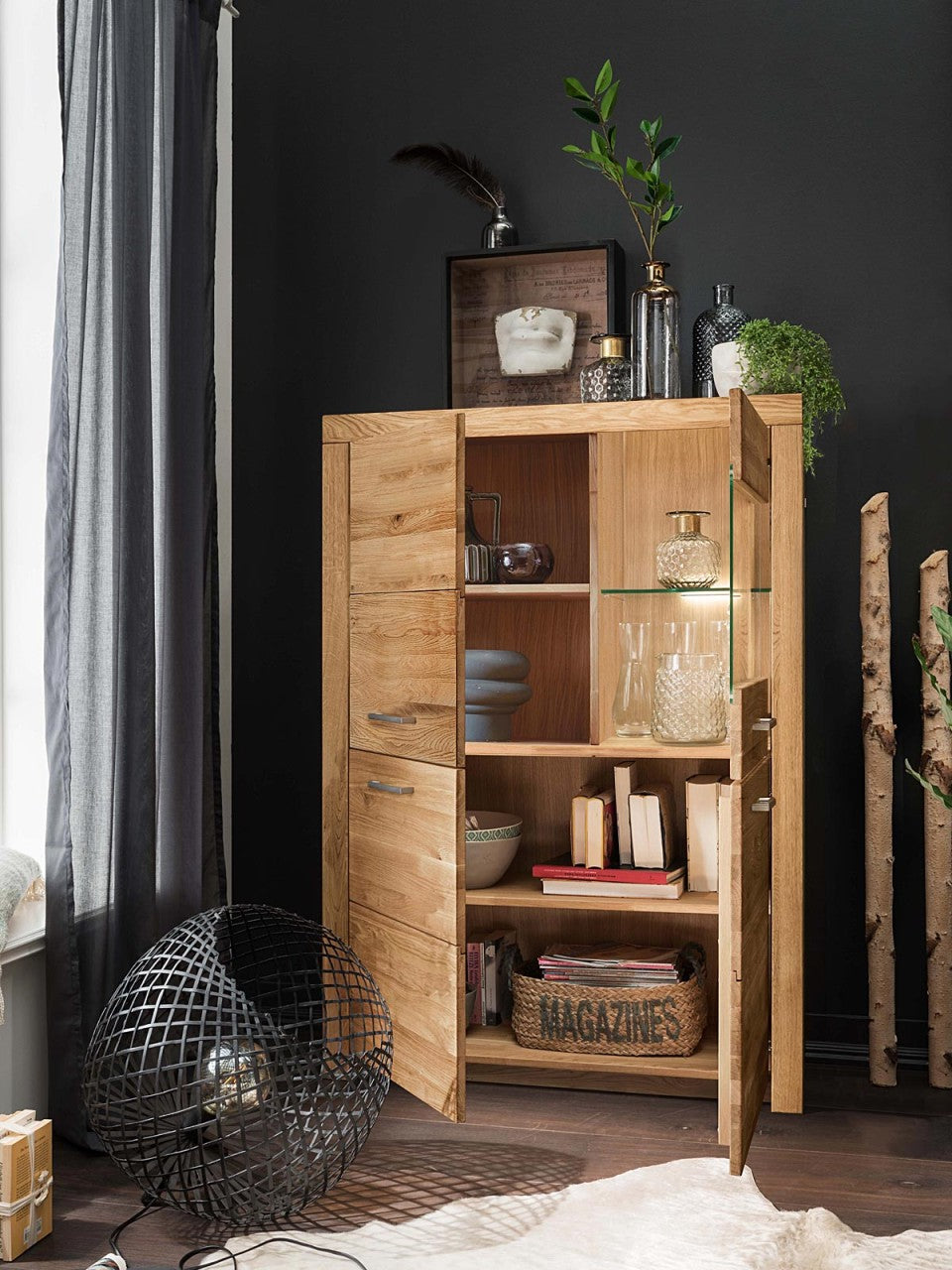 Hochanrichte Highboard Massivholz B102 H141cm Faro Wildeiche massiv Glasteil rechts