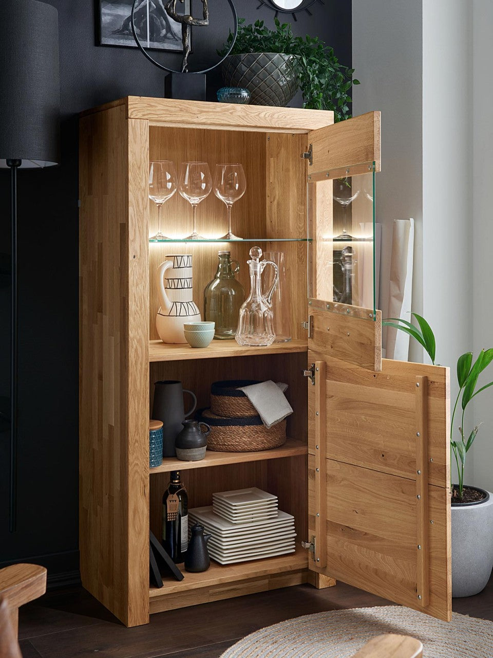 Wohnwand massiv Vitrine Lowboard Highboard 290x204cm Faro Wildeiche