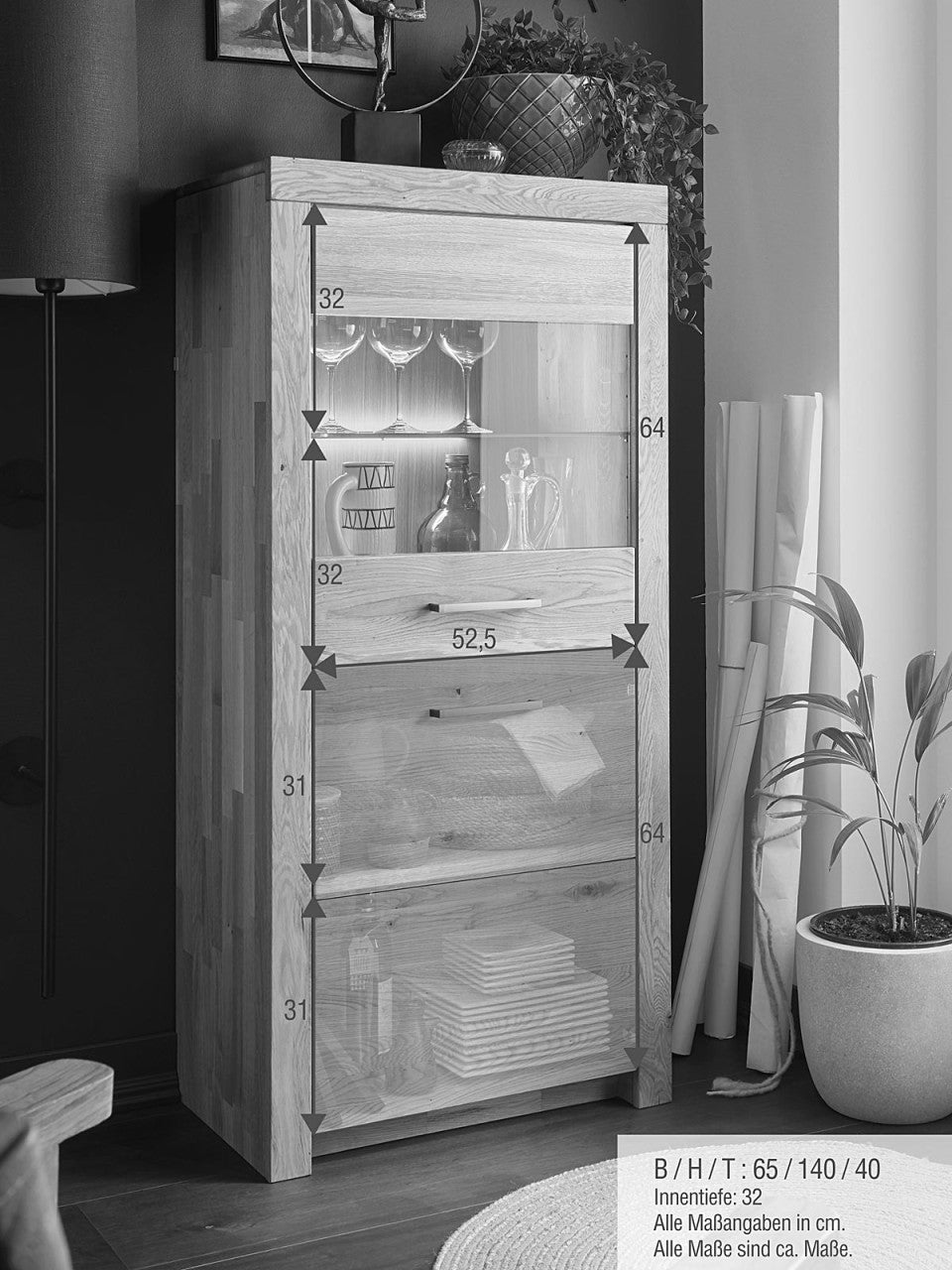 Wohnwand massiv Highboard Lowboard Vitrine 340x204cm Faro Wildeiche