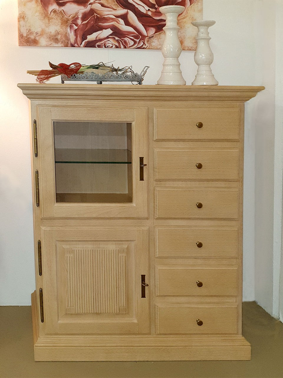 Vertiko Sideboard Duett B 102 H 121 cm 1 Holztür 1 Glastür 6 Holzschubladen Pinie massiv Pinie karamell