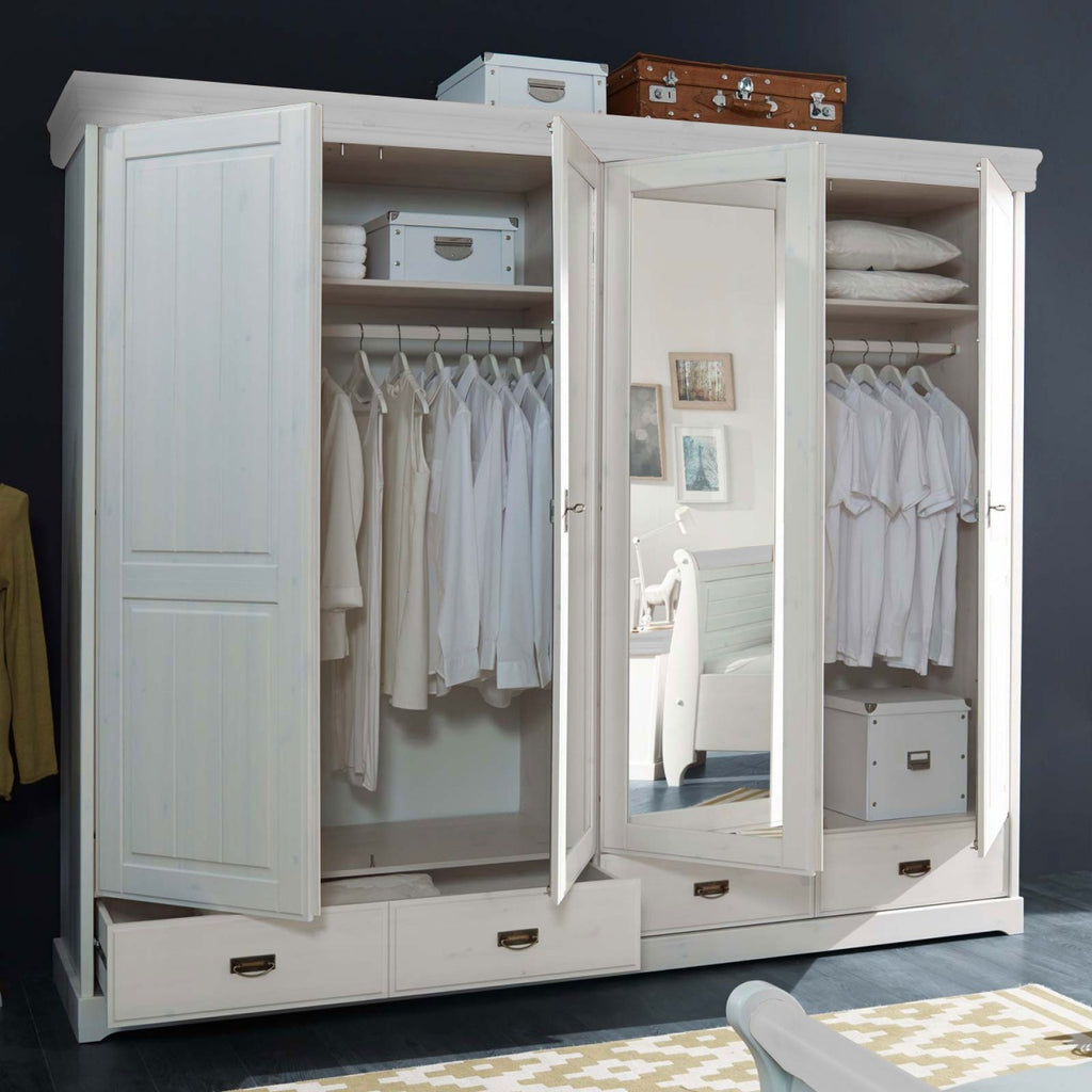 Schlafzimmer Set Napoli 4-türiger Kleiderschrank Bett 180x200 u. 2 Nachtkonsolen Pinie Nordica weiss Absetzung weiss gewachst