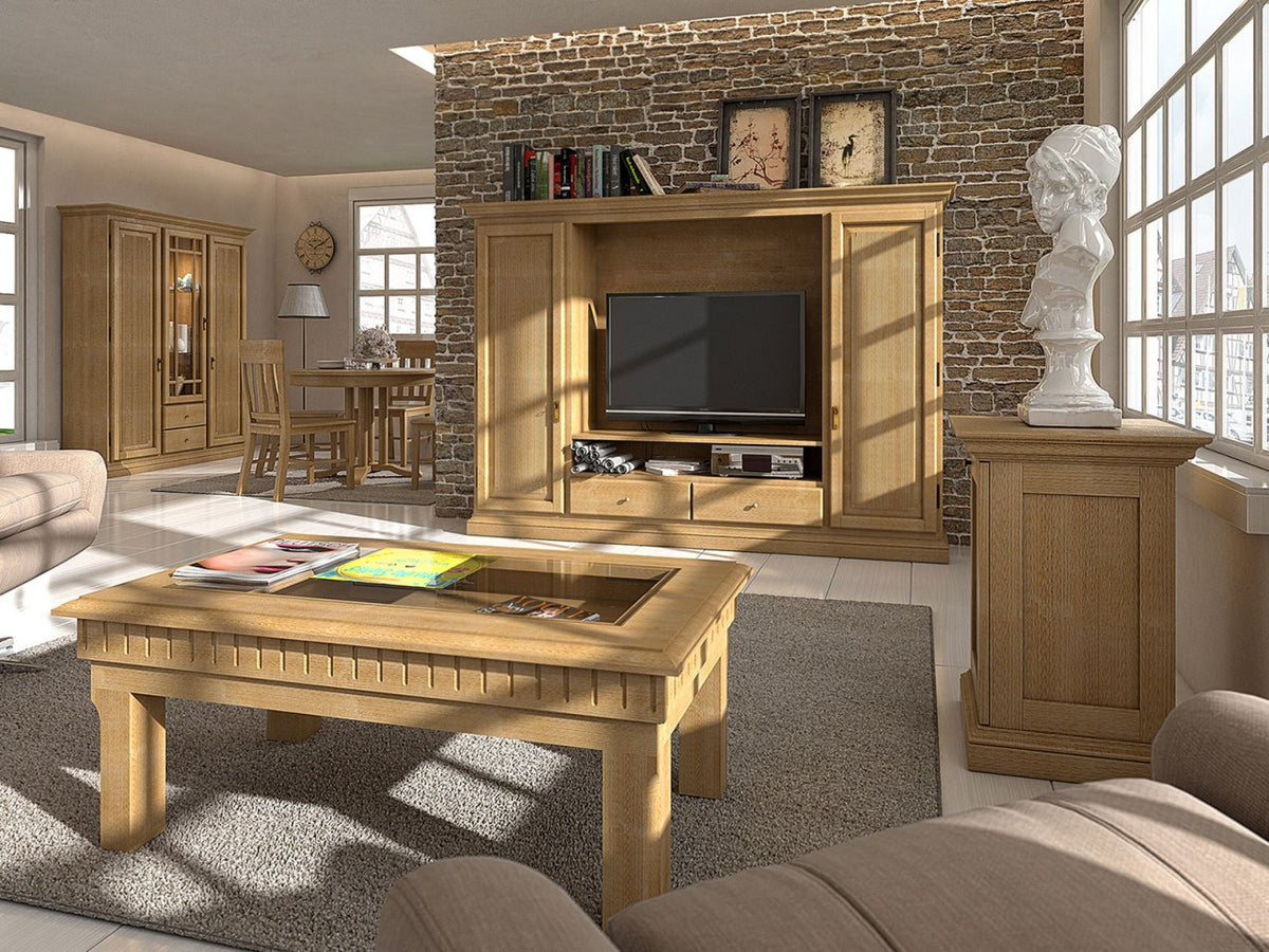 Couchtisch rechteckig 120x70 cm Duett mit Glasplatte und Schubkasten Pinie massiv Pinie karamell