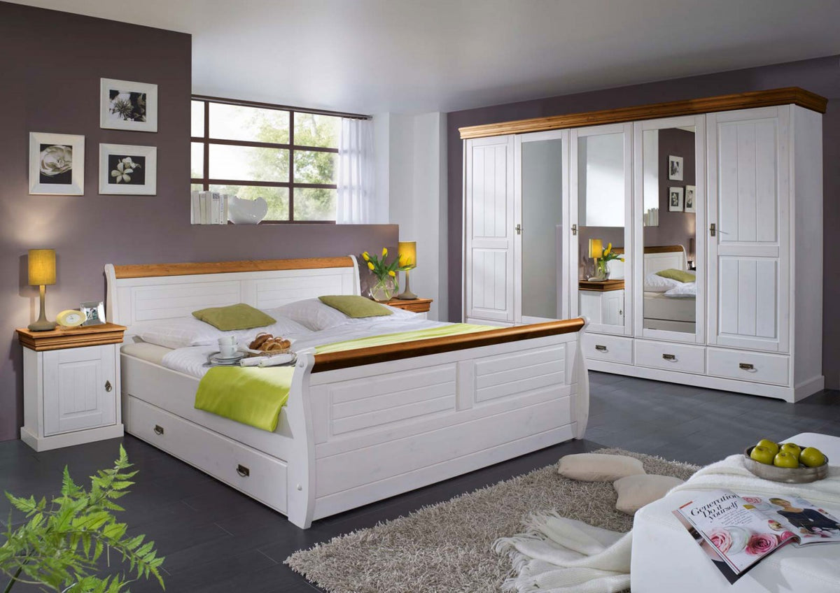 Schlafzimmer Set Napoli 5-türiger Kleiderschrank Bett 180x200 u. 2 Nachtkonsolen Pinie Nordica weiss Absetzung honig