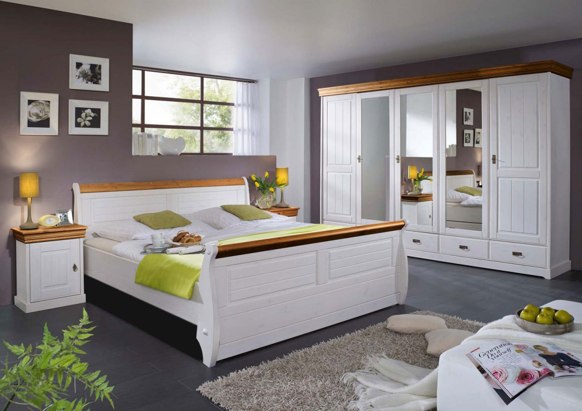 Schlafzimmer Set Napoli 5-türiger Kleiderschrank Bett 180x200 u. 2 Nachtkonsolen Pinie Nordica weiss Absetzung honig