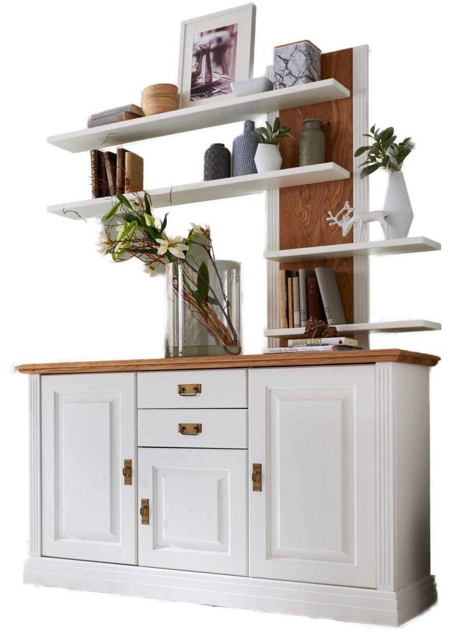 Sideboard Set Anrichte Novara 3-türig mit 1 Wandregal weiß massiv ohne Beleuchtung