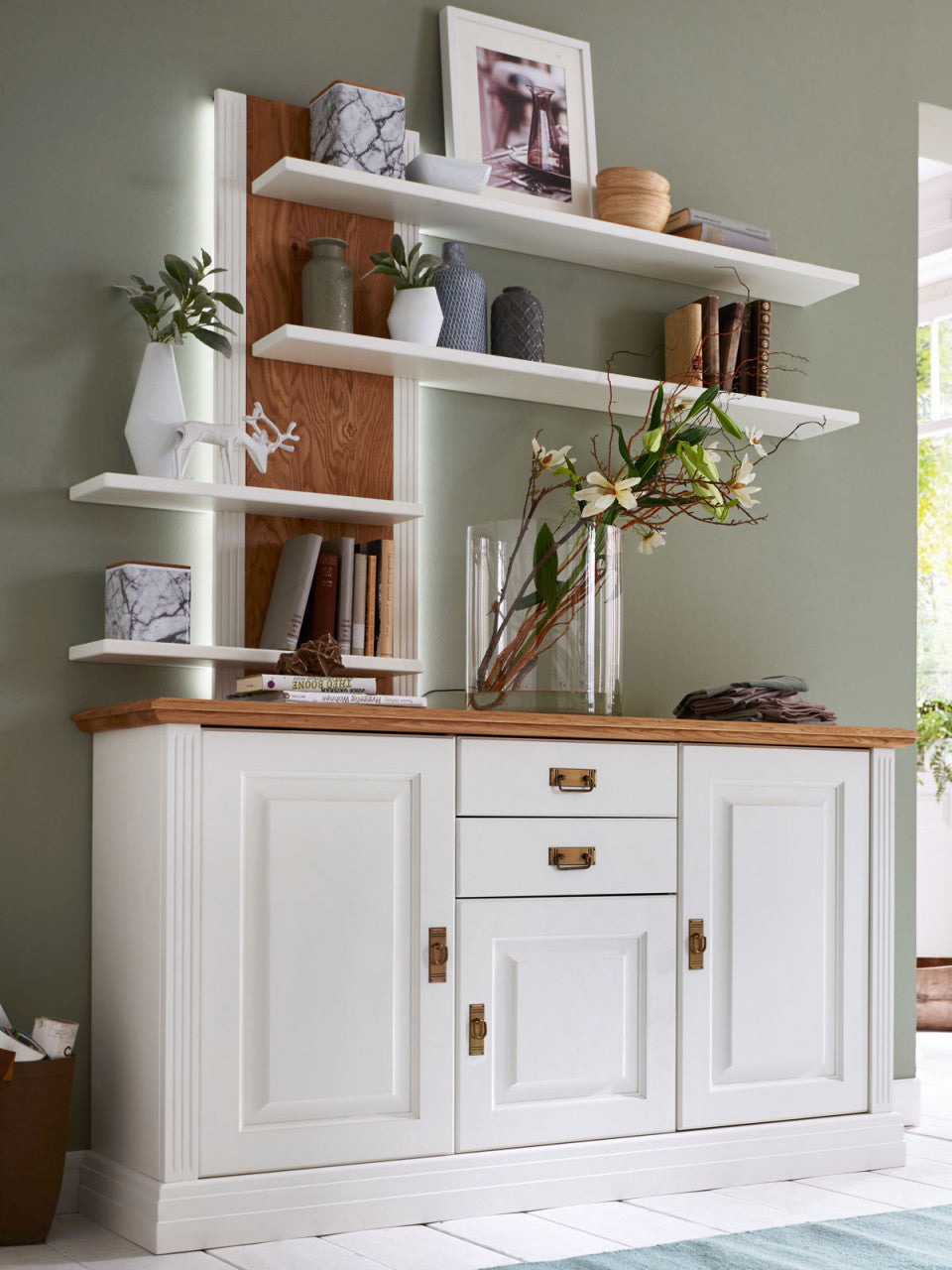 Sideboard Set Anrichte Novara 3-türig mit 1 Wandregal weiß massiv