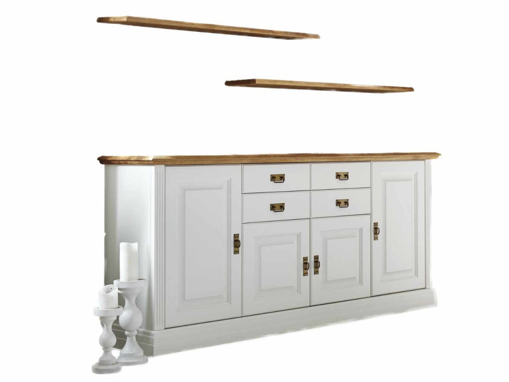 Sideboard Set Anrichte Novara 4-türig mit 2 Wandregalen weiß massiv