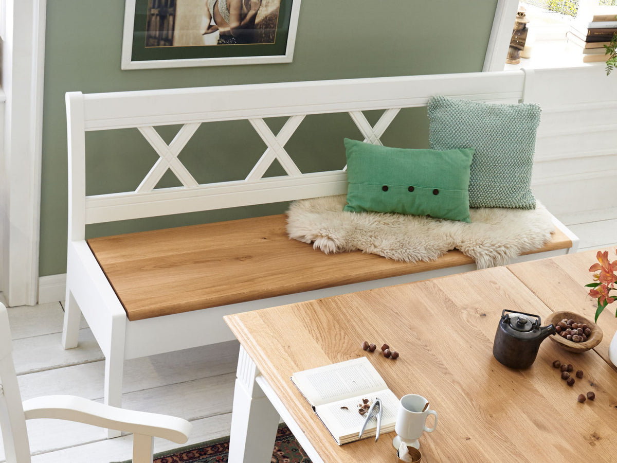 Sitzgruppe Novara Esstisch 180x95cm Sitzbank 4 Stühle weiß massiv