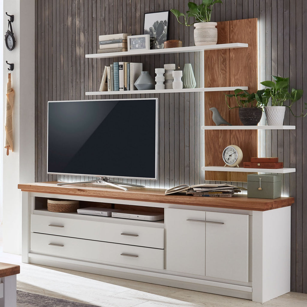 TV Lowboard Set mit Wand Regal Olbia 202x67x45cm massiv weiß natur Tür rechts