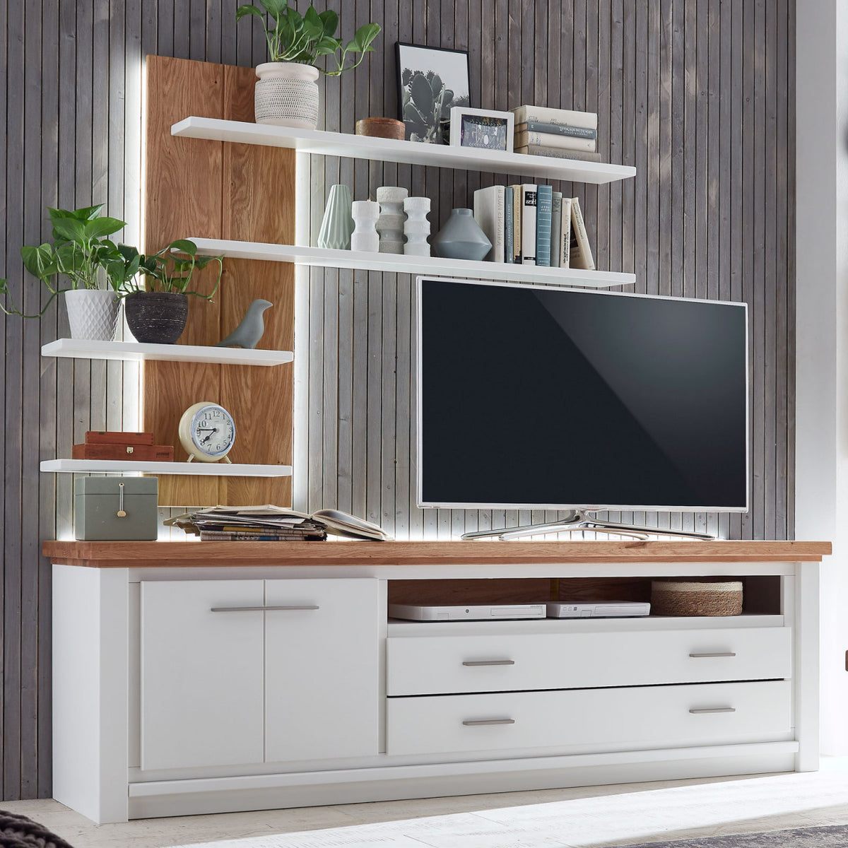 TV Lowboard Set mit Wand Regal Olbia 202x67x45cm massiv weiß natur Tür links